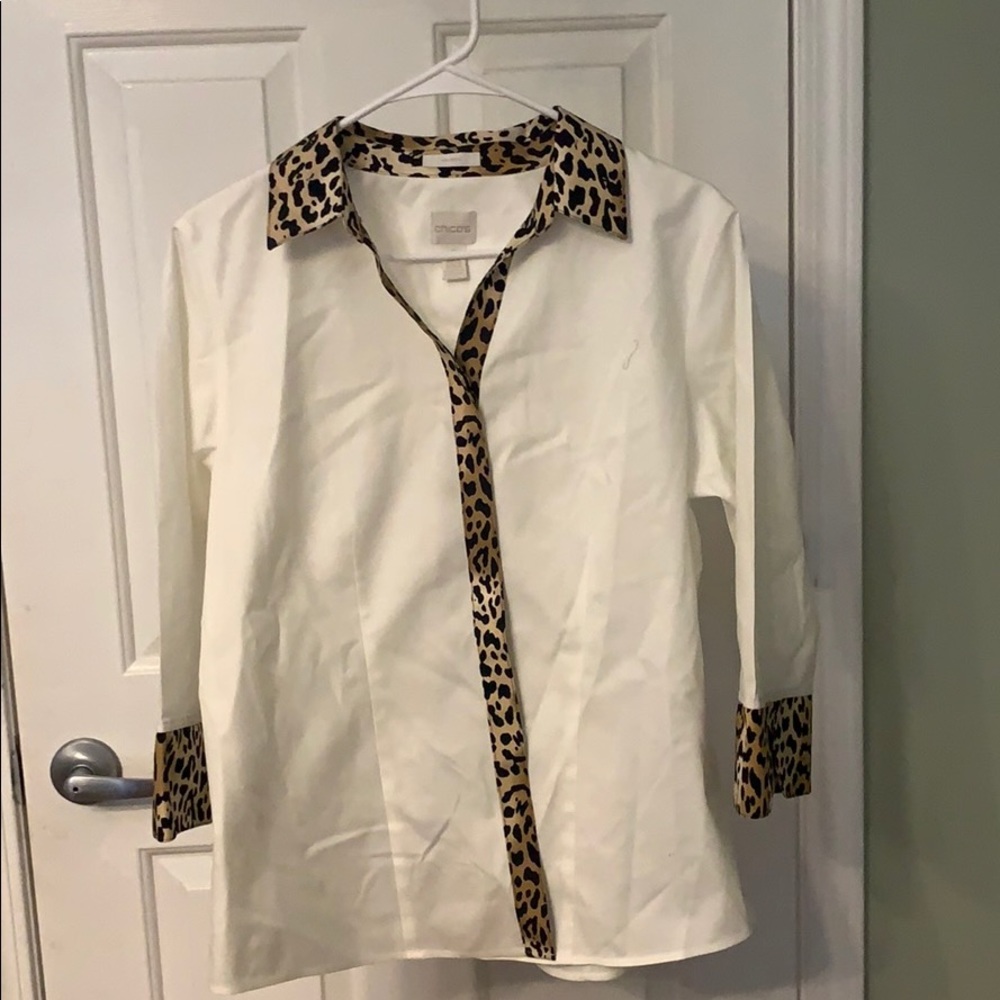 Blouse white with lepoard trim